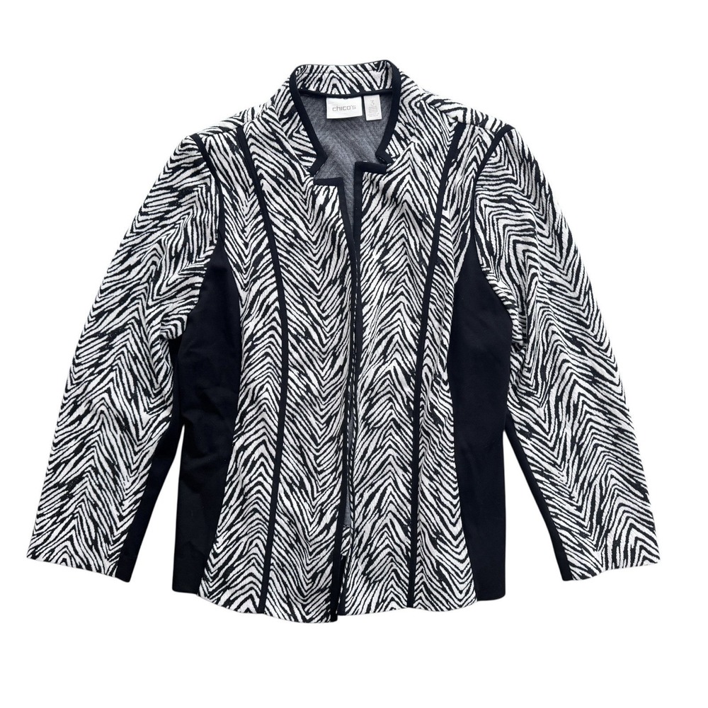 Chico's Size 3‎ Zebra Stretch Cardigan Knit Blazer Black White Animal Print XL